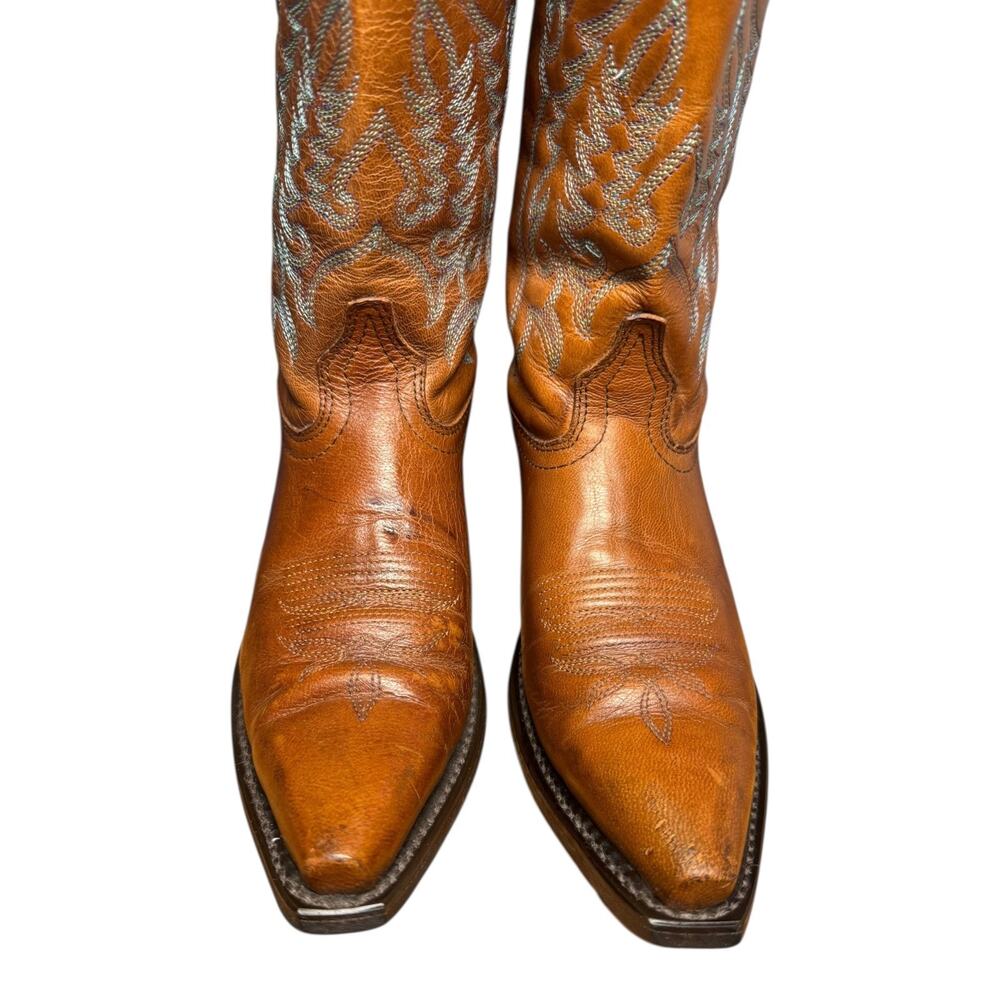 LAREDO Women's 8M Brown Leather Cowboy Pointed ToeBoots Turquoise Stitch Western - Picture 4 of 14